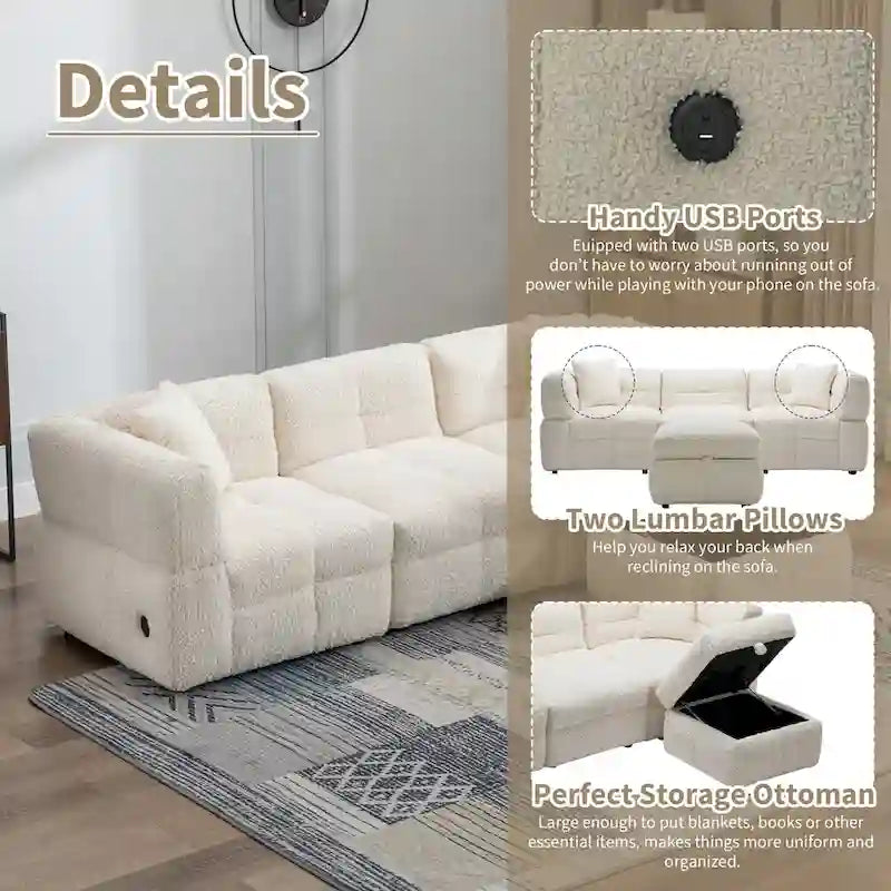 87.7 Fabric 4 Seater Sectional Sofa with Movable Ottoman, 2 USB Ports, and 2 Lumbar Pillows, Ideal for Living Room-3