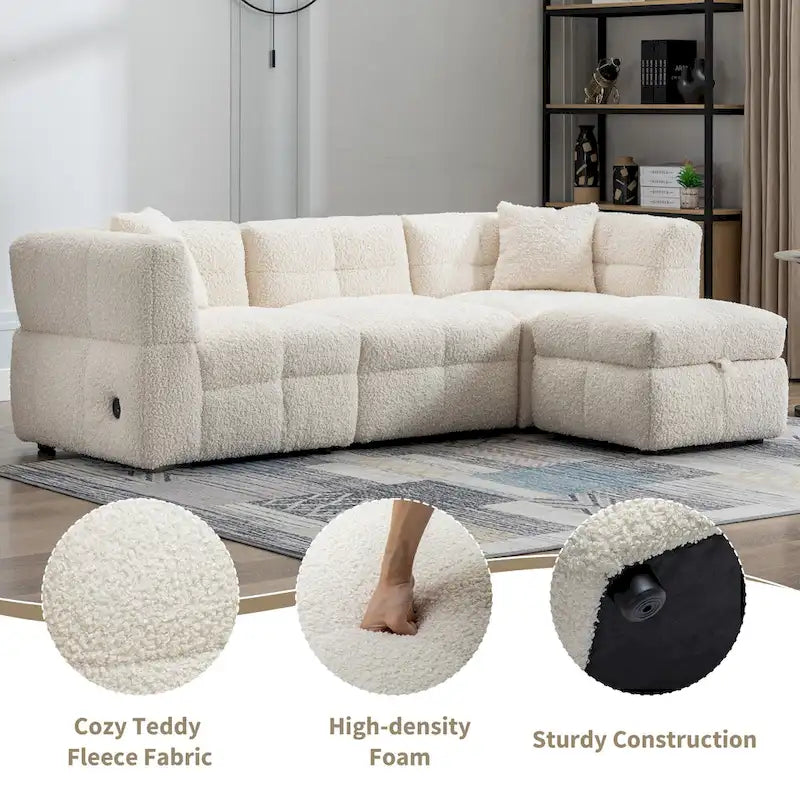87.7 Fabric 4 Seater Sectional Sofa with Movable Ottoman, 2 USB Ports, and 2 Lumbar Pillows, Ideal for Living Room-4