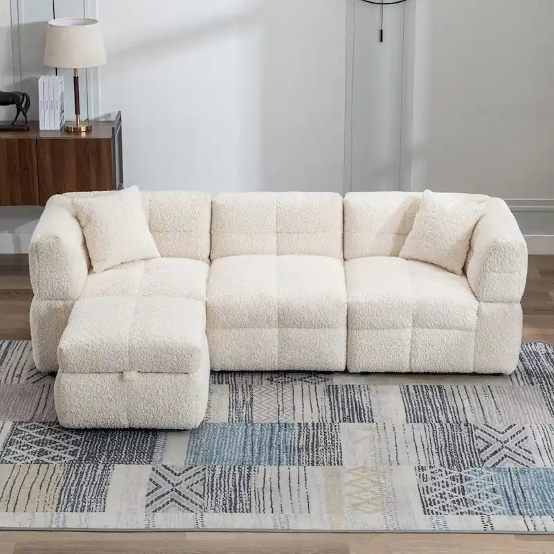87.7 Fabric 4 Seater Sectional Sofa with Movable Ottoman, 2 USB Ports, and 2 Lumbar Pillows, Ideal for Living Room-6