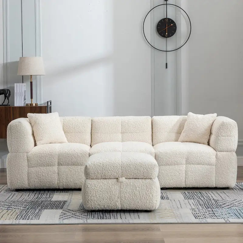 87.7 Fabric 4 Seater Sectional Sofa with Movable Ottoman, 2 USB Ports, and 2 Lumbar Pillows, Ideal for Living Room-7