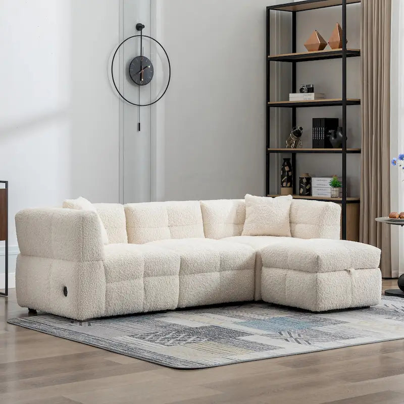87.7 Fabric 4 Seater Sectional Sofa with Movable Ottoman, 2 USB Ports, and 2 Lumbar Pillows, Ideal for Living Room-8