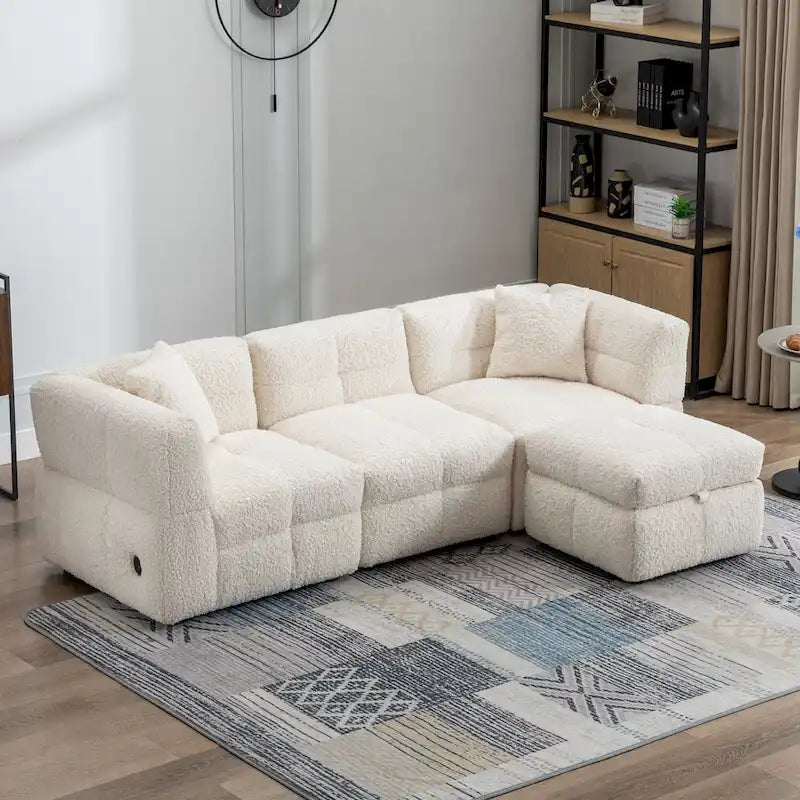87.7 Fabric 4 Seater Sectional Sofa with Movable Ottoman, 2 USB Ports, and 2 Lumbar Pillows, Ideal for Living Room-9