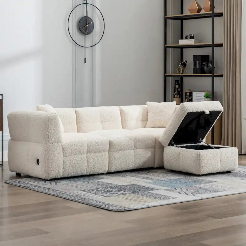 87.7 Fabric 4 Seater Sectional Sofa with Movable Ottoman, 2 USB Ports, and 2 Lumbar Pillows, Ideal for Living Room-10