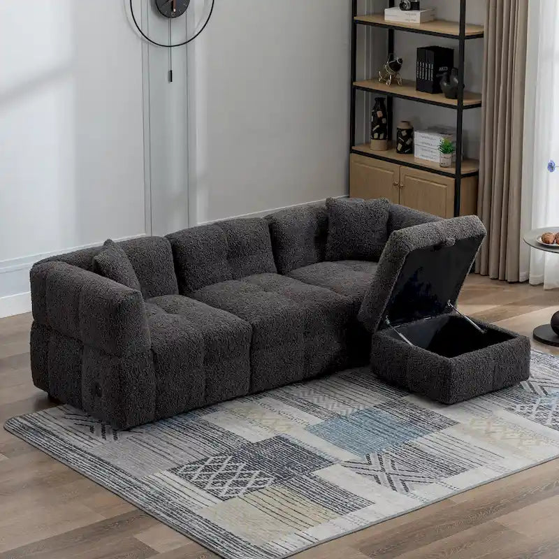 87.7 Fabric 4 Seater Sectional Sofa with Movable Ottoman, 2 USB Ports, and 2 Lumbar Pillows, Ideal for Living Room-21