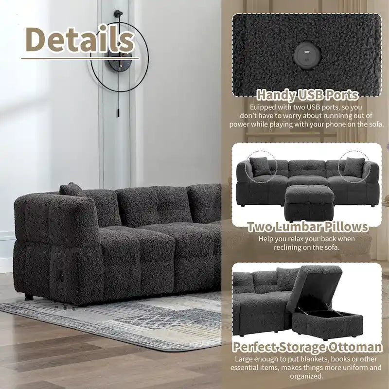 87.7 Fabric 4 Seater Sectional Sofa with Movable Ottoman, 2 USB Ports, and 2 Lumbar Pillows, Ideal for Living Room-24