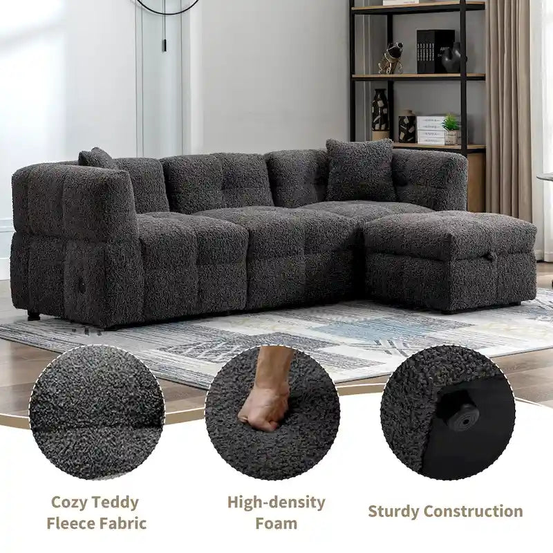 87.7 Fabric 4 Seater Sectional Sofa with Movable Ottoman, 2 USB Ports, and 2 Lumbar Pillows, Ideal for Living Room-25