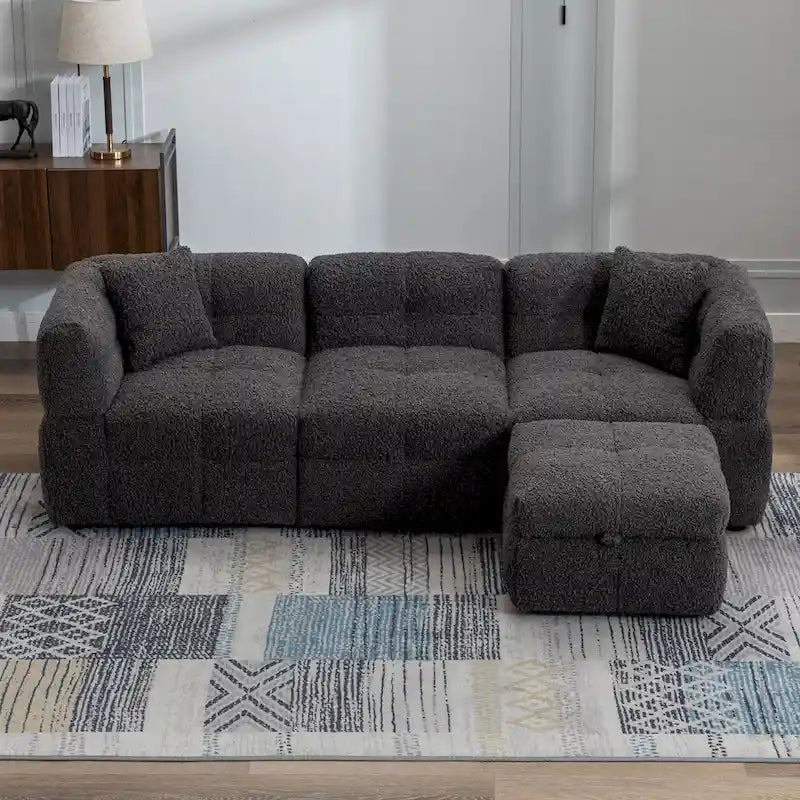 87.7 Fabric 4 Seater Sectional Sofa with Movable Ottoman, 2 USB Ports, and 2 Lumbar Pillows, Ideal for Living Room-27