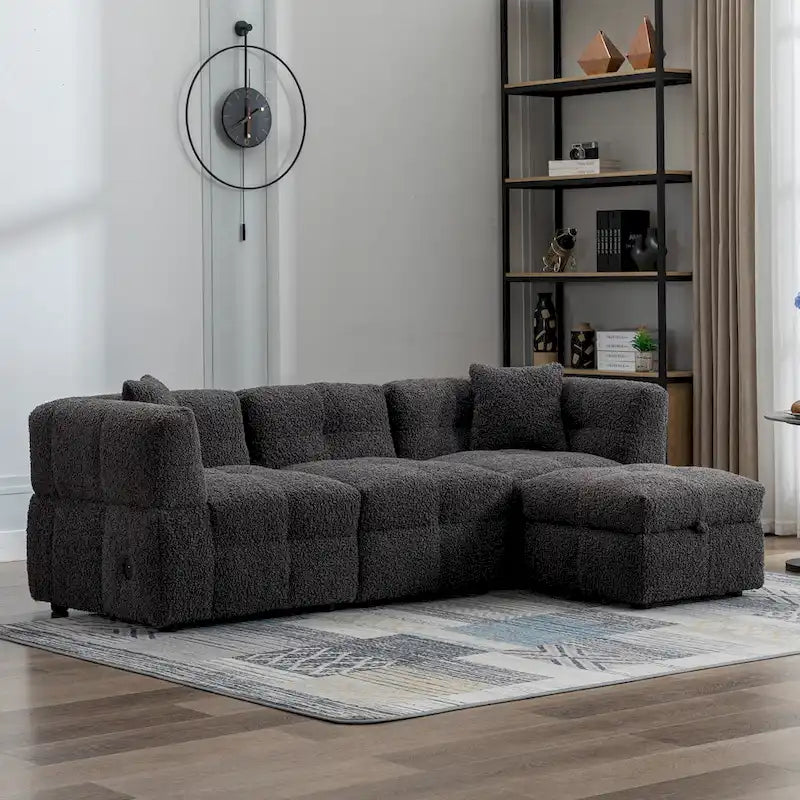 87.7 Fabric 4 Seater Sectional Sofa with Movable Ottoman, 2 USB Ports, and 2 Lumbar Pillows, Ideal for Living Room-30