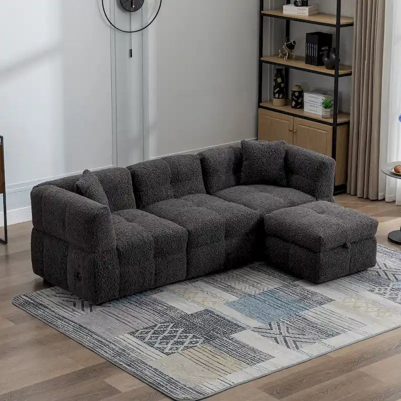 87.7 Fabric 4 Seater Sectional Sofa with Movable Ottoman, 2 USB Ports, and 2 Lumbar Pillows, Ideal for Living Room-31