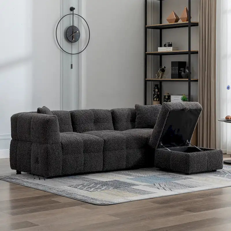 87.7 Fabric 4 Seater Sectional Sofa with Movable Ottoman, 2 USB Ports, and 2 Lumbar Pillows, Ideal for Living Room-32