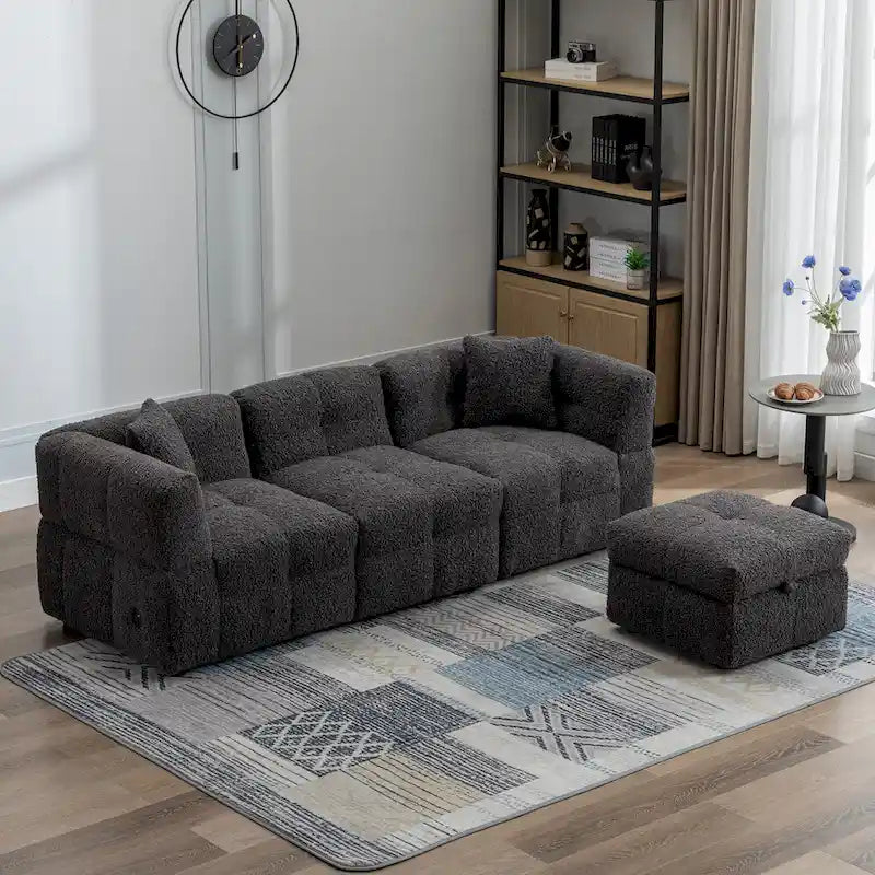 87.7 Fabric 4 Seater Sectional Sofa with Movable Ottoman, 2 USB Ports, and 2 Lumbar Pillows, Ideal for Living Room-33