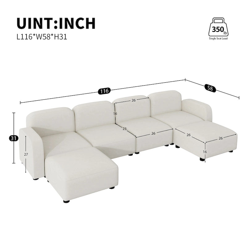 116 Modular U-Shaped Velvet 6-Seat Sectional Sofa with Two Ottomans, Reversible Design for Customizable Living Space-2