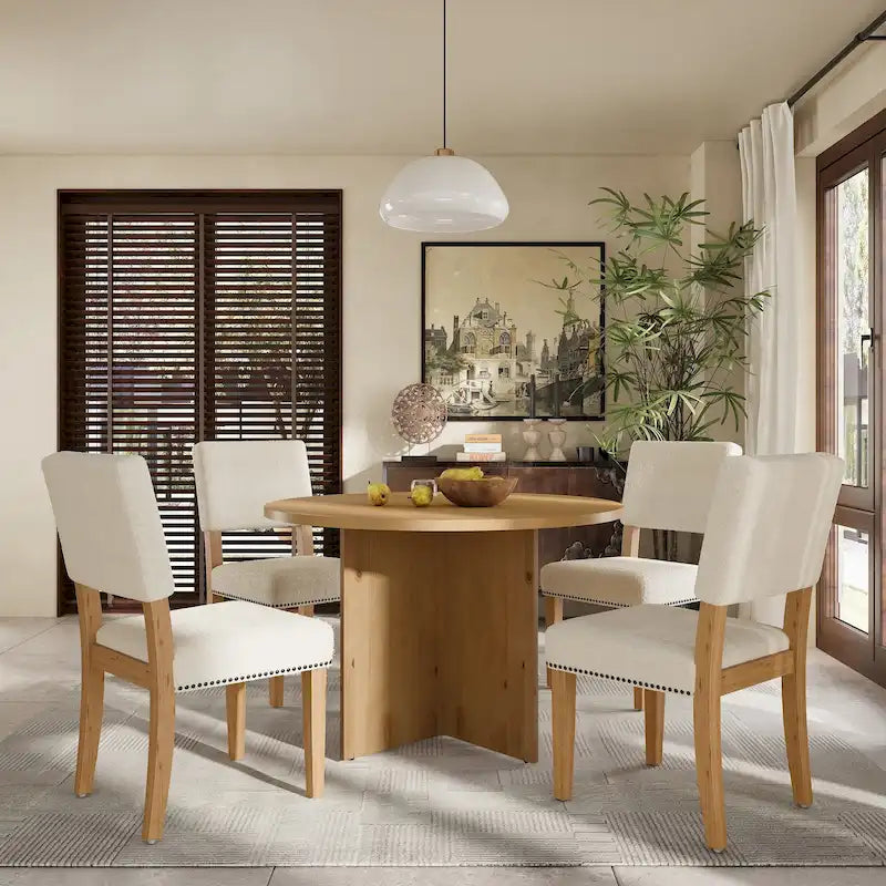 Farmhouse Style 5-Piece Wooden Dining Set with Round Table and 4 Lambswool-like Fabric Upholstered Chairs-28