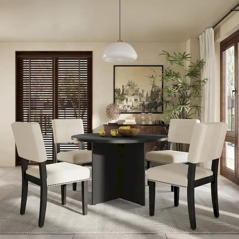 Farmhouse Style 5-Piece Wooden Dining Set with Round Table and 4 Lambswool-like Fabric Upholstered Chairs-29