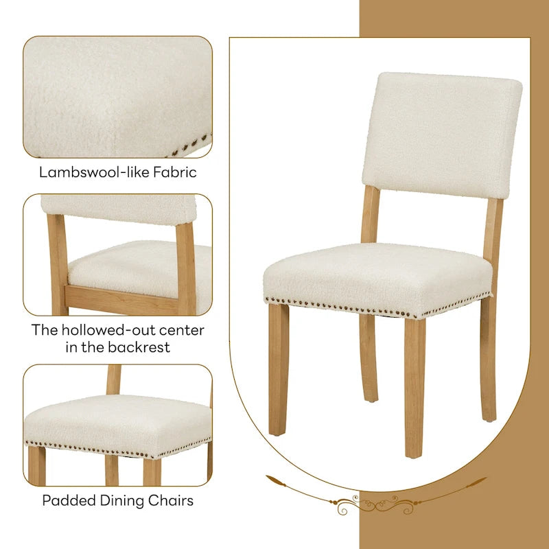 Farmhouse Style 5-Piece Wooden Dining Set with Round Table and 4 Lambswool-like Fabric Upholstered Chairs-3