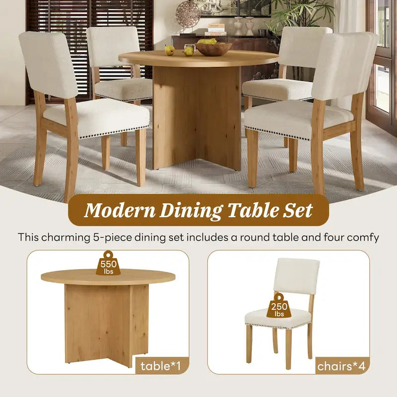Farmhouse Style 5-Piece Wooden Dining Set with Round Table and 4 Lambswool-like Fabric Upholstered Chairs-4