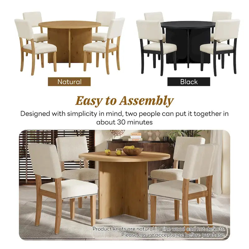 Farmhouse Style 5-Piece Wooden Dining Set with Round Table and 4 Lambswool-like Fabric Upholstered Chairs-5