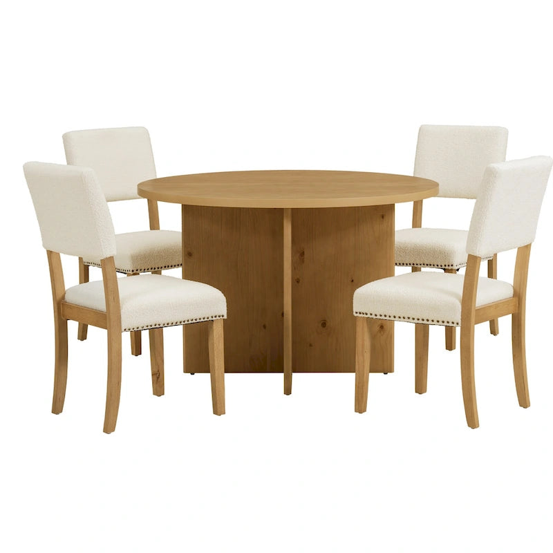 Farmhouse Style 5-Piece Wooden Dining Set with Round Table and 4 Lambswool-like Fabric Upholstered Chairs-6