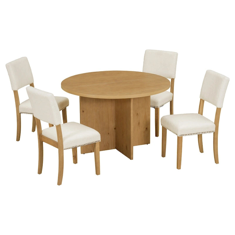 Farmhouse Style 5-Piece Wooden Dining Set with Round Table and 4 Lambswool-like Fabric Upholstered Chairs-7