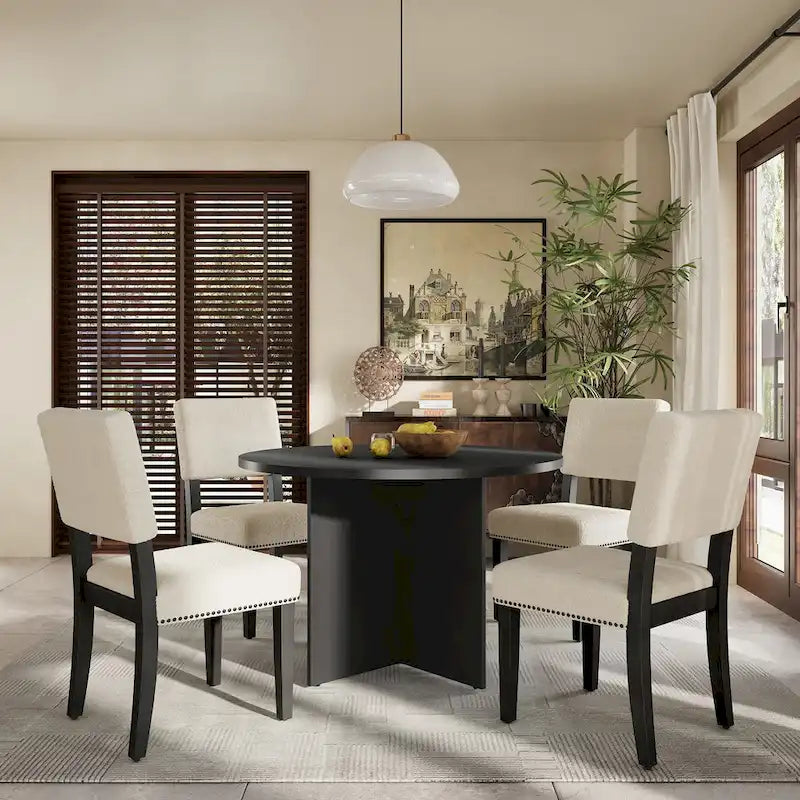 Farmhouse Style 5-Piece Wooden Dining Set with Round Table and 4 Lambswool-like Fabric Upholstered Chairs-15
