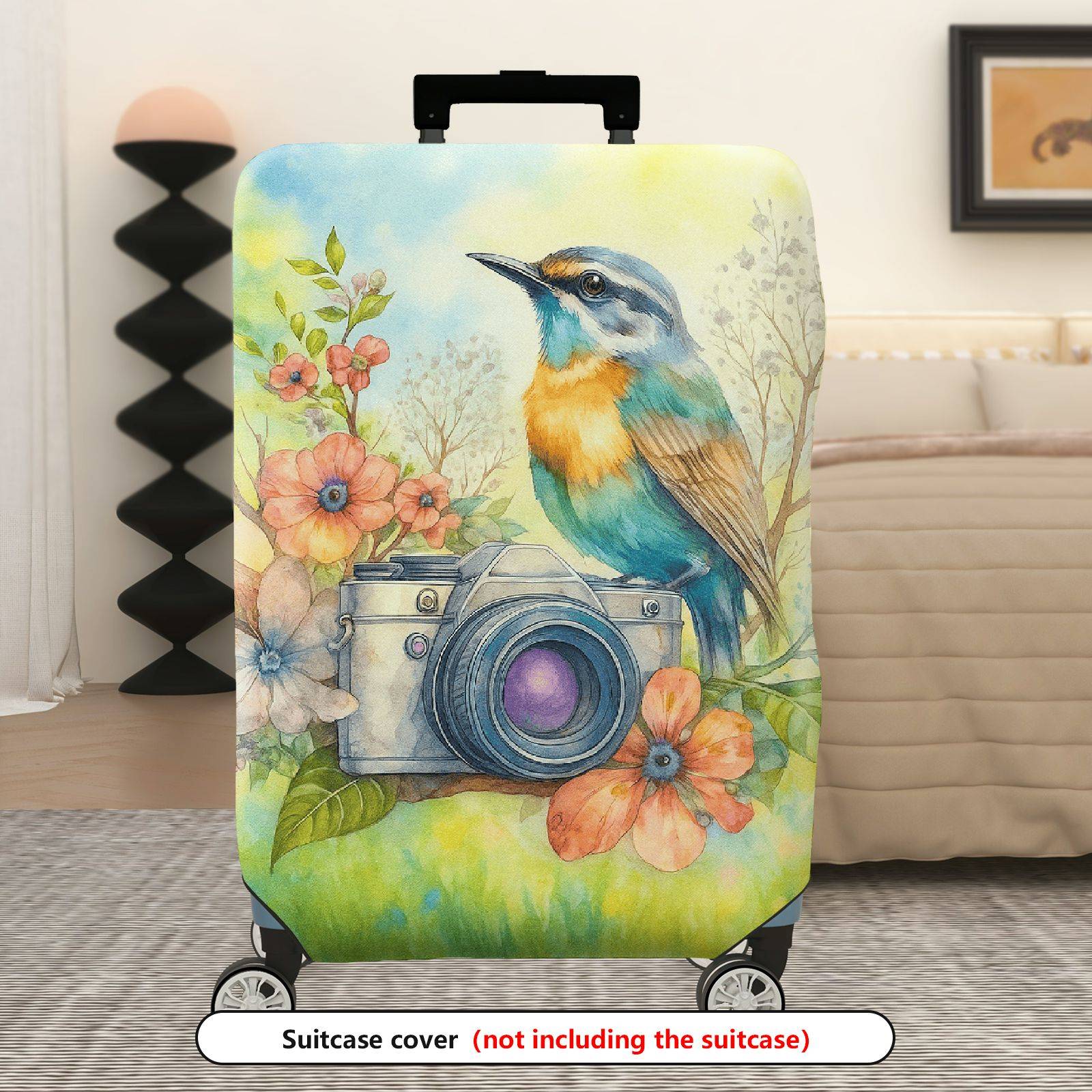 1-Piece Colorful Camera Flower Bird Nature Artistic  Suitcase Luggage Cover, Stretch Protective Sleeve