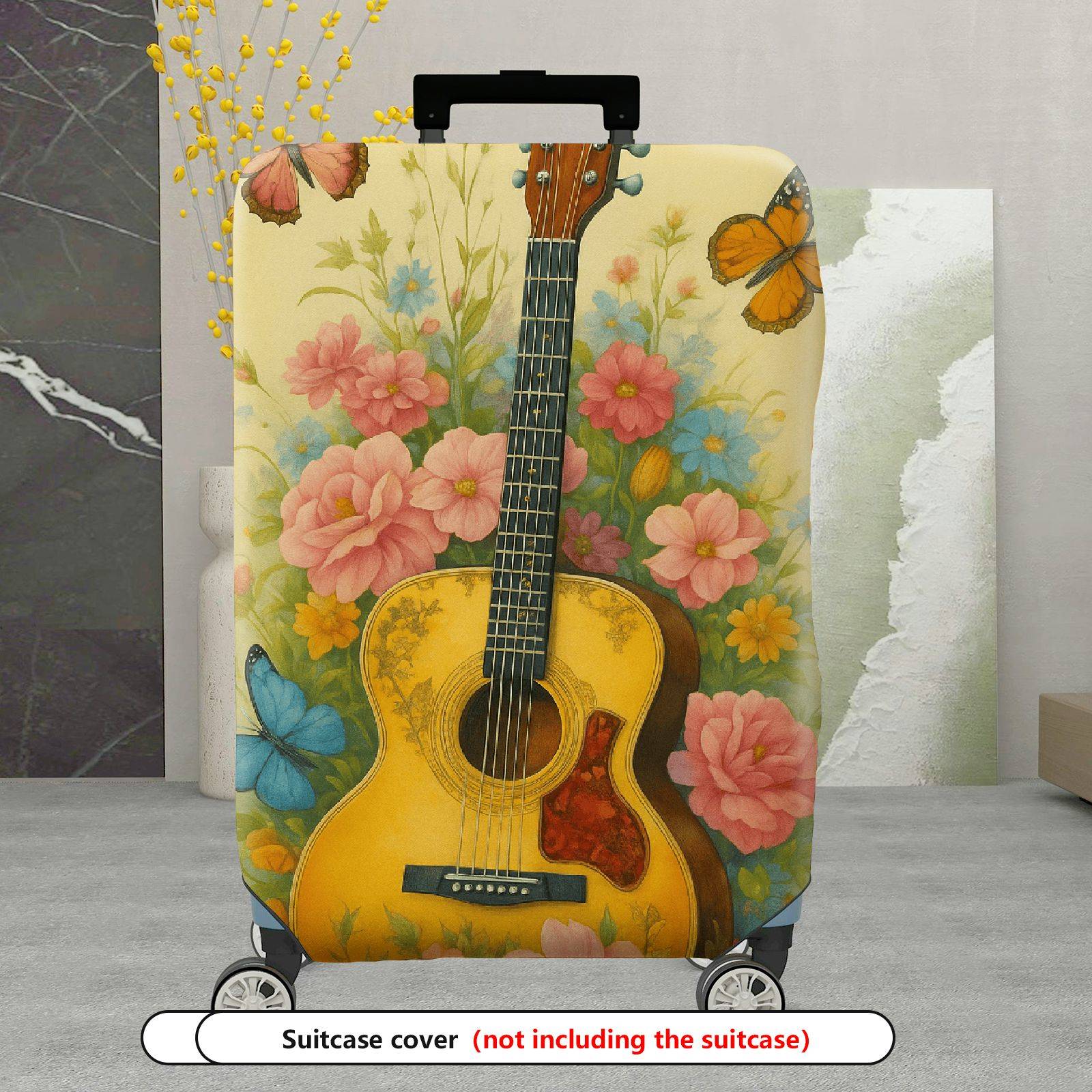 1-Piece Floral Guitar Butterfly Colorful Artistic Travel  Suitcase Luggage Cover, Stretch Protective Sleeve