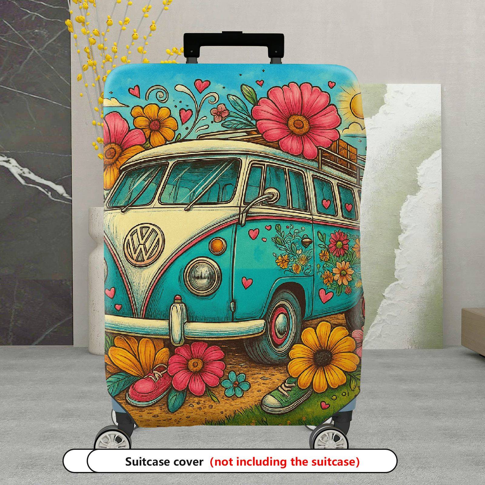 1-Piece Flower Bus Vintage Colorful Artistic Travel  Suitcase Luggage Cover, Stretch Protective Sleeve