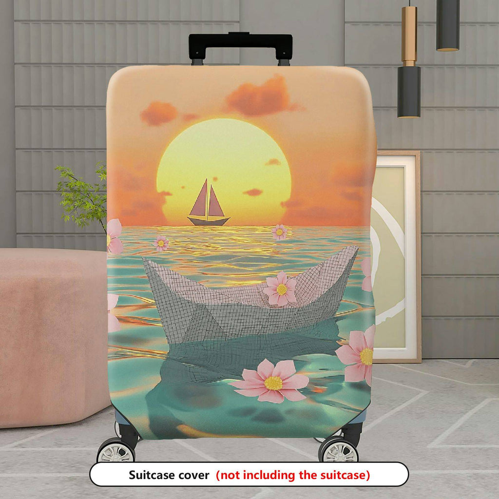 1-Piece Sunset Beach Paper Boat Cherry Blossom Flower  Suitcase Luggage Cover, Stretch Protective Sleeve