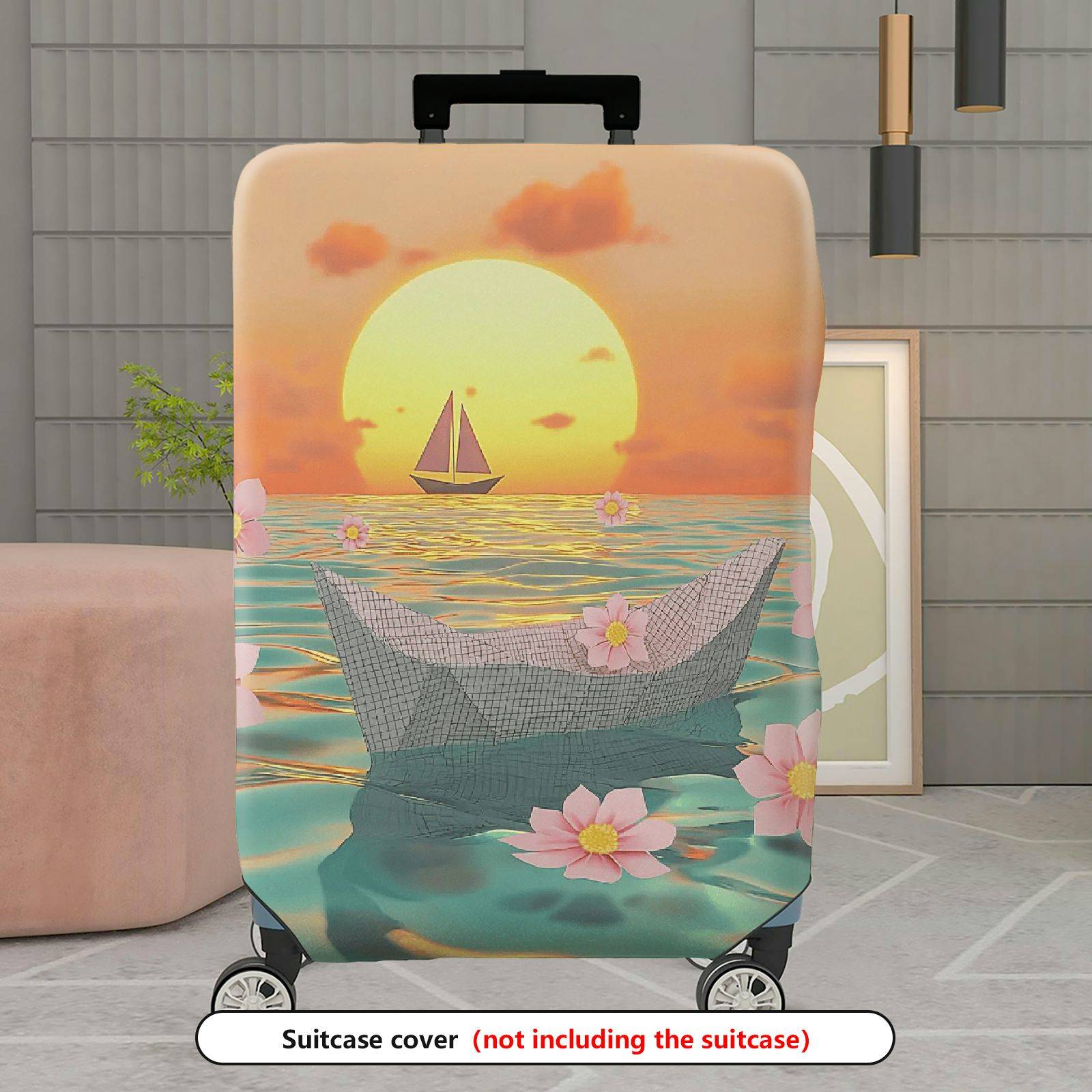 1-Piece Sunset Beach Paper Boat Cherry Blossom Flower  Suitcase Luggage Cover, Stretch Protective Sleeve