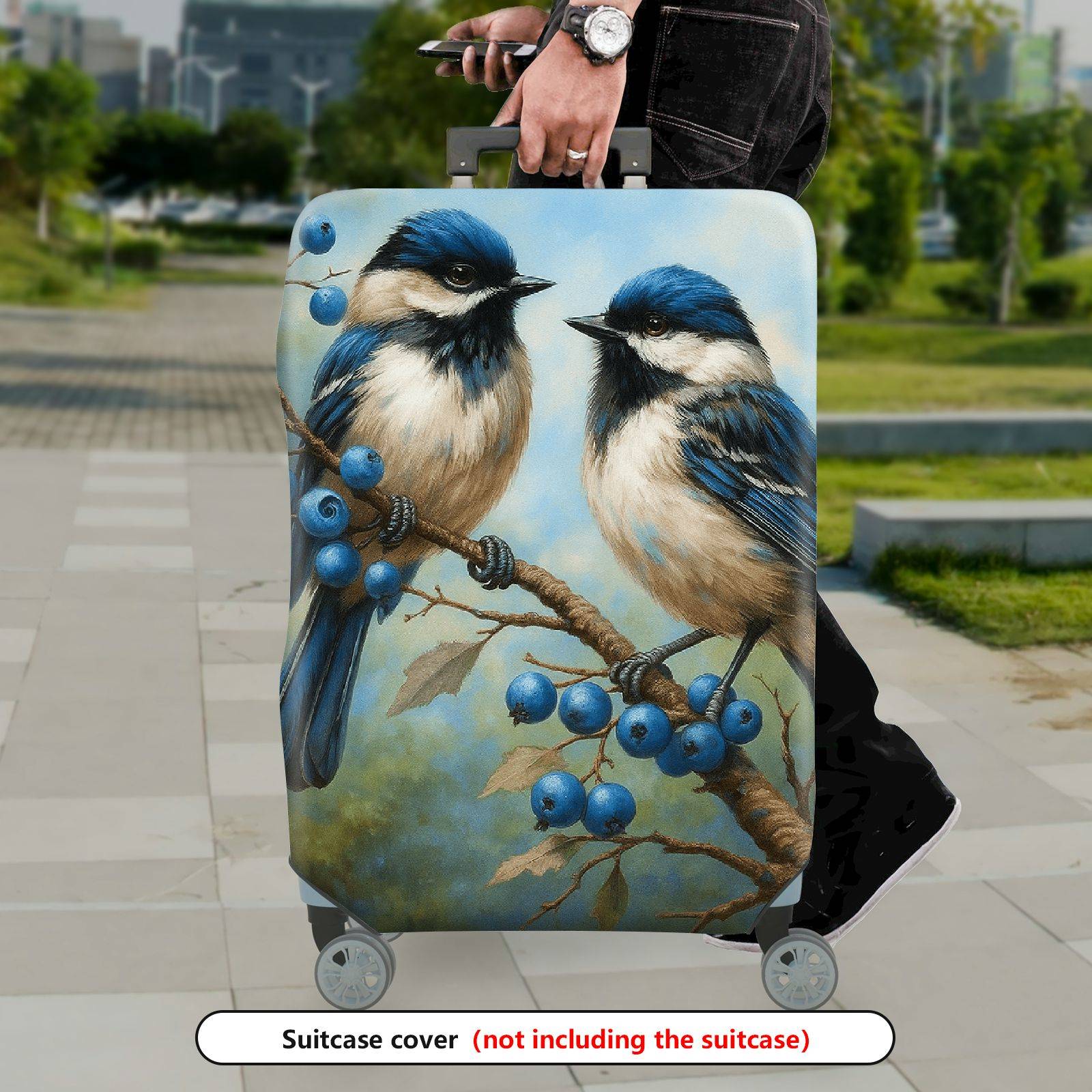 1-Piece Bird Berry Blue Nature Art  Suitcase Luggage Cover, Stretch Protective Sleeve