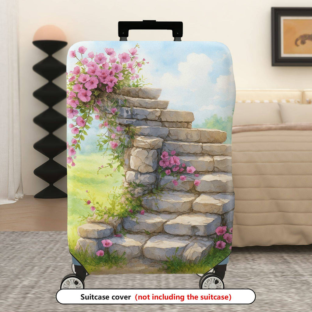 1-Piece Stair Stone Flower Pink Nature Scenery  Suitcase Luggage Cover, Stretch Protective Sleeve