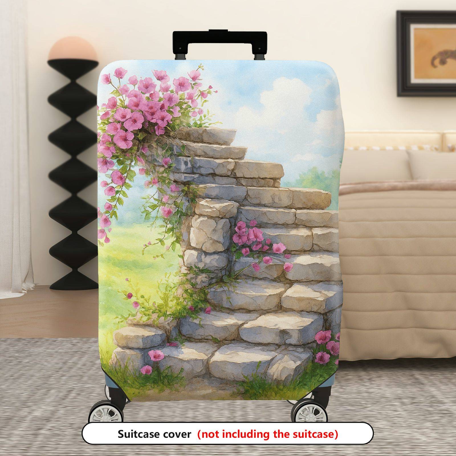 1-Piece Stair Stone Flower Pink Nature Scenery  Suitcase Luggage Cover, Stretch Protective Sleeve