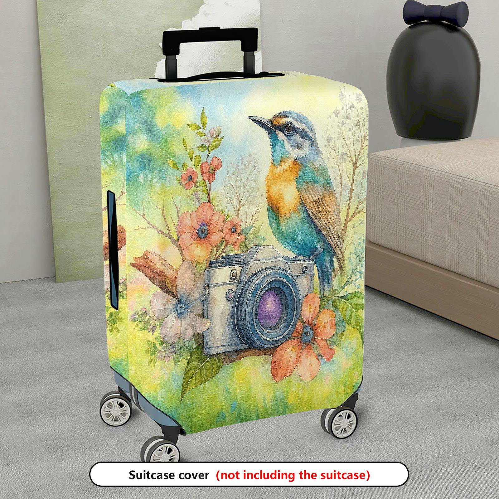 1-Piece Colorful Camera Flower Bird Nature Artistic  Suitcase Luggage Cover, Stretch Protective Sleeve