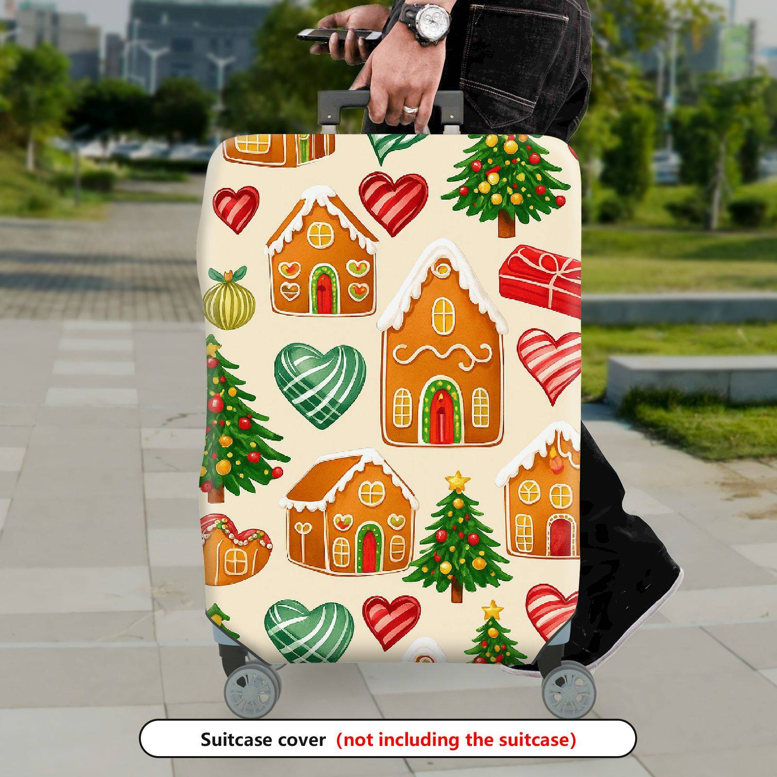 1-Piece Gingerbread House Christmas Tree Heart Ornament Gift  Suitcase Luggage Cover, Stretch Protective Sleeve