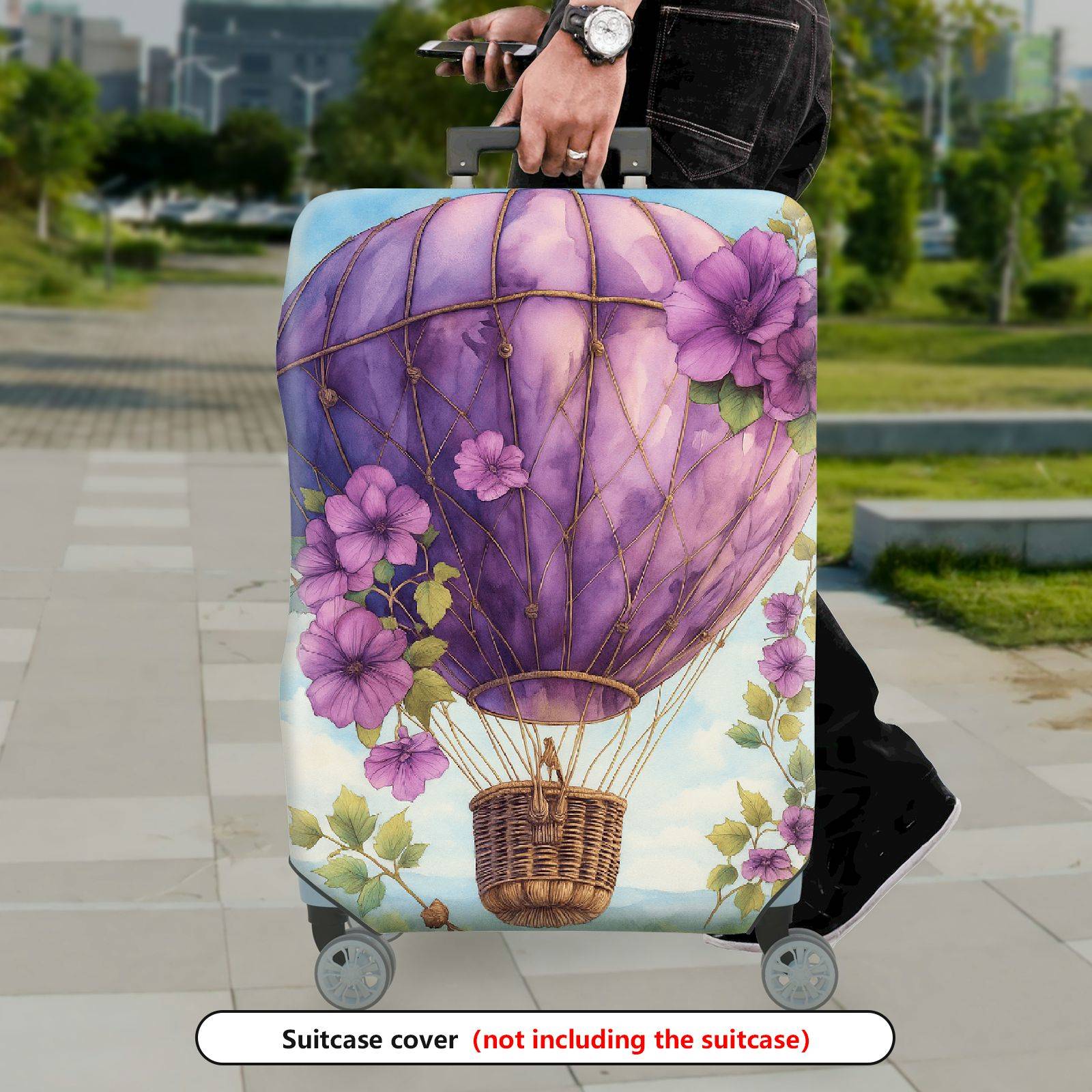 1-Piece Purple Balloon Floral Sky Artistic  Suitcase Luggage Cover, Stretch Protective Sleeve