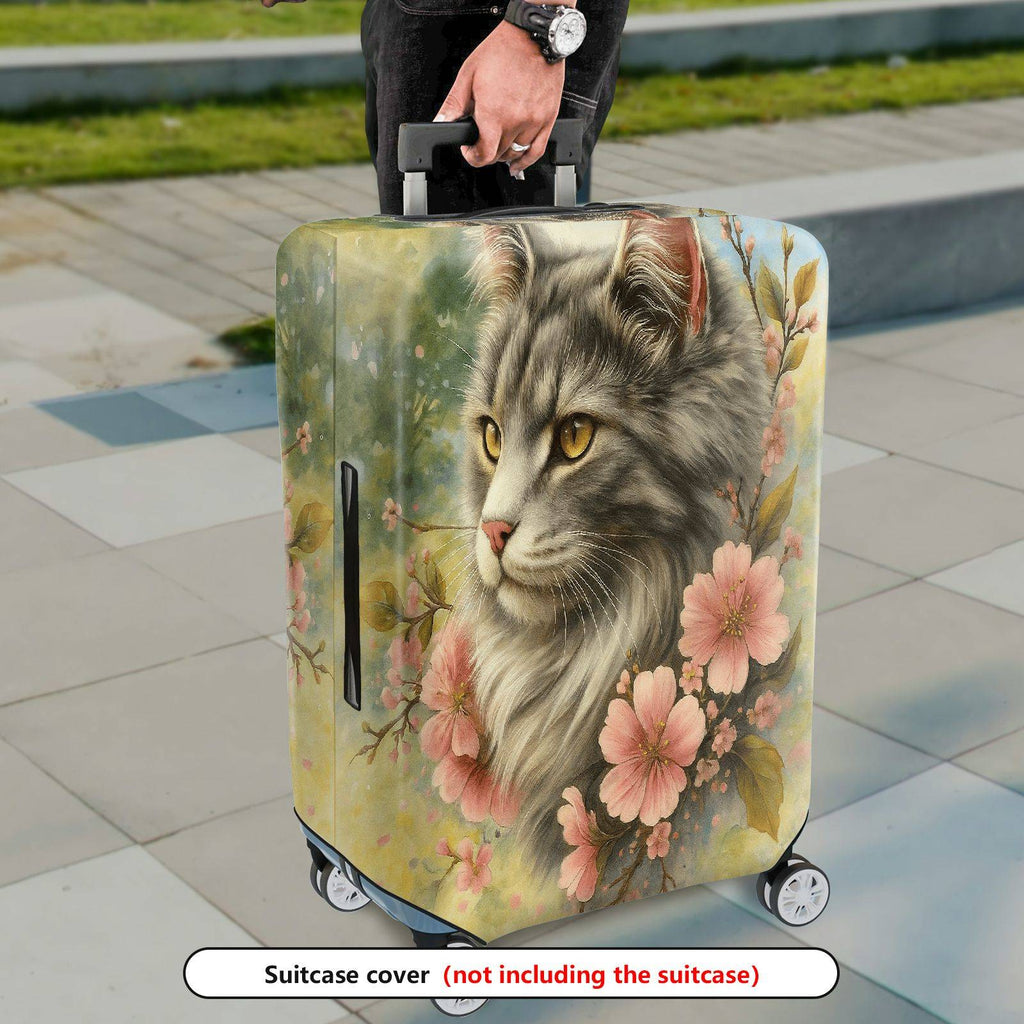 1-Piece Floral Cat Art Pastel Spring Nature  Suitcase Luggage Cover, Stretch Protective Sleeve