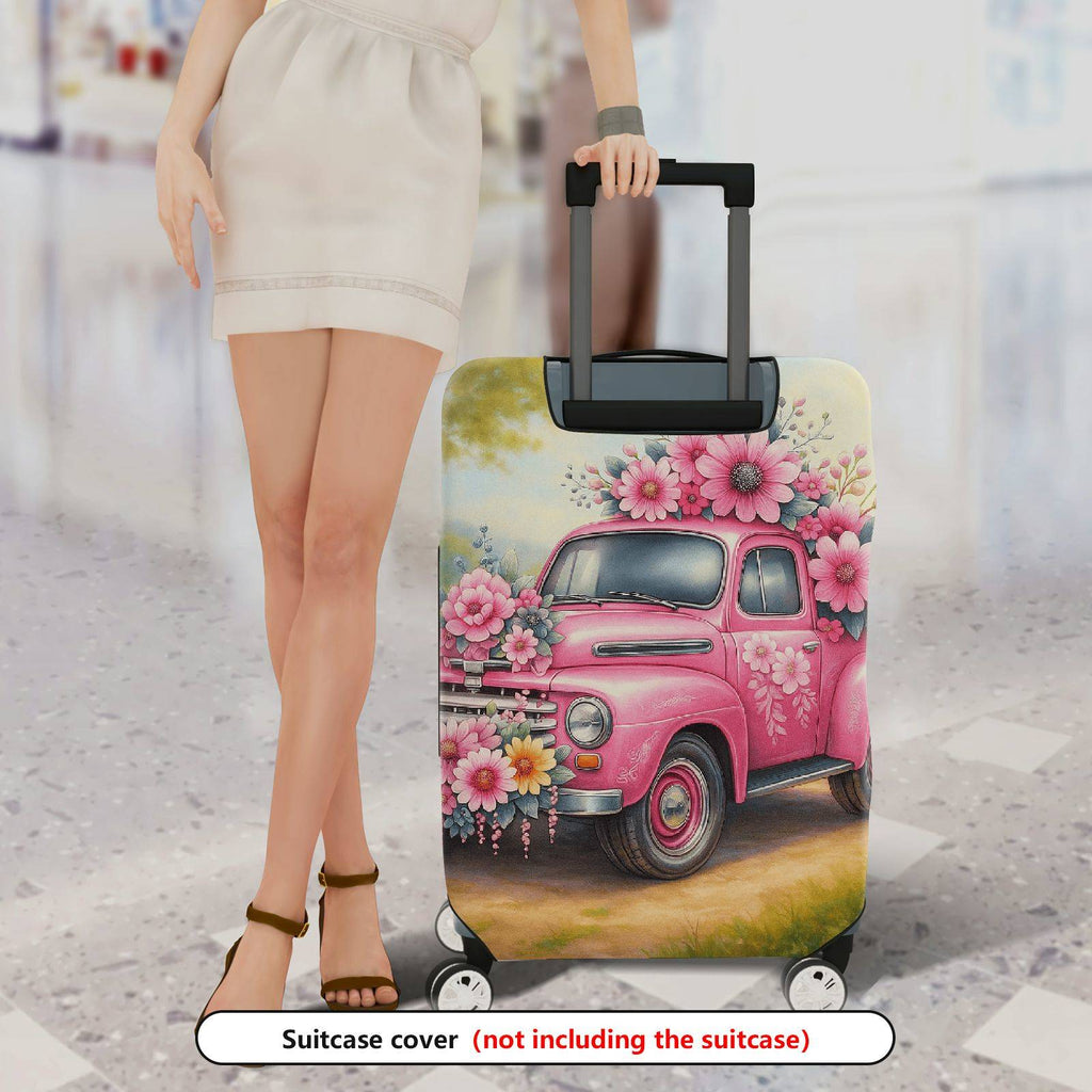 1-Piece Pink Flower Truck Vintage Nature Retro Floral  Suitcase Luggage Cover, Stretch Protective Sleeve