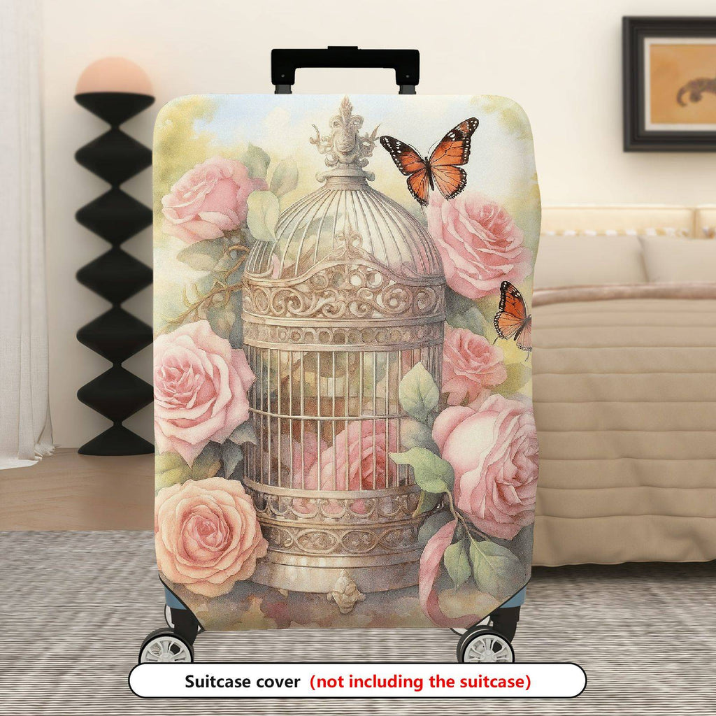 1-Piece Vintage Floral Butterfly Birdcage Nature Artistic  Suitcase Luggage Cover, Stretch Protective Sleeve