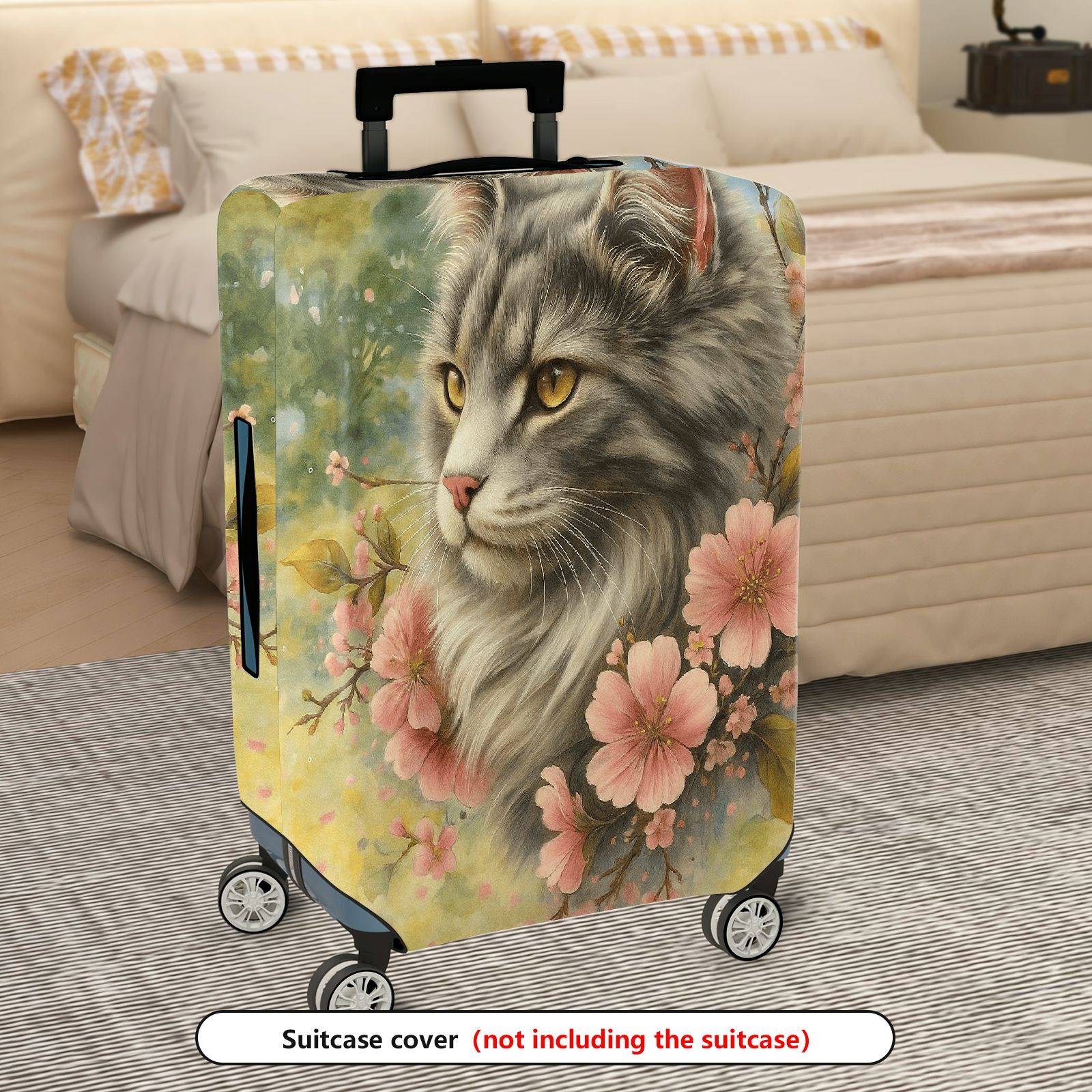 1-Piece Floral Cat Art Pastel Spring Nature  Suitcase Luggage Cover, Stretch Protective Sleeve