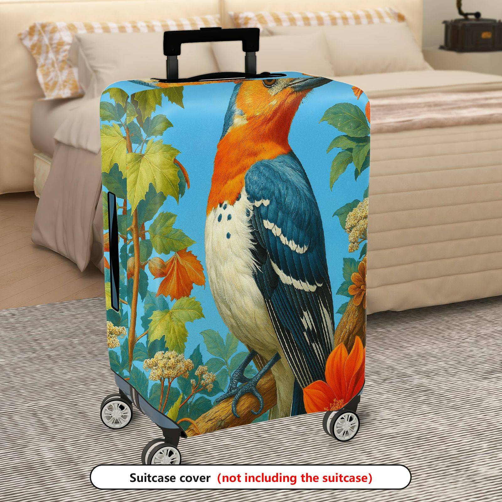 1-Piece Bird Floral Leaf Artistic Blue  Suitcase Luggage Cover, Stretch Protective Sleeve