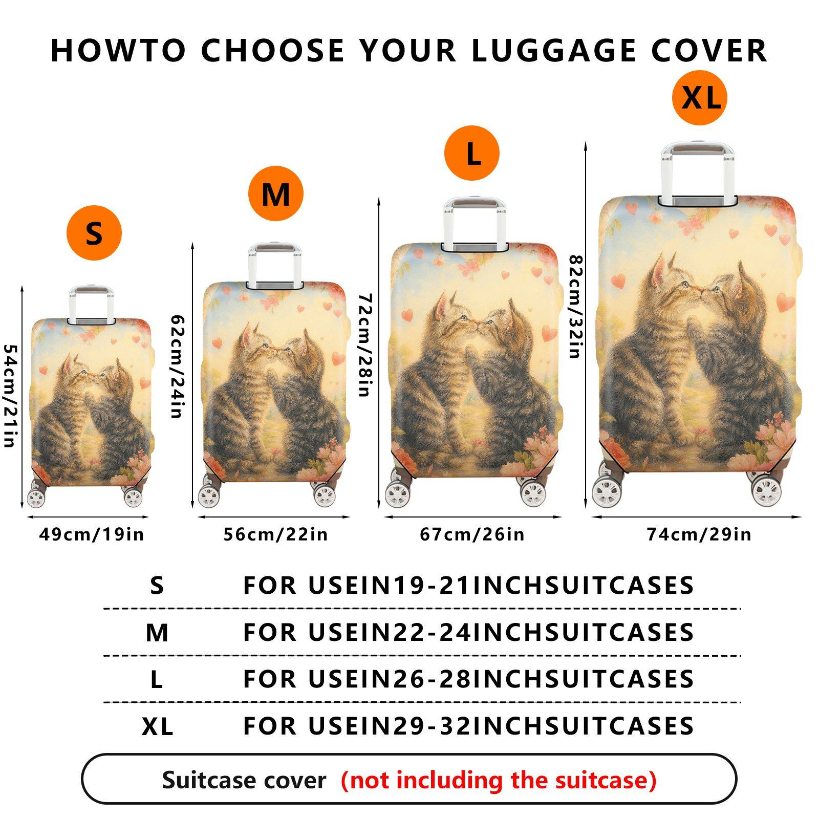 1-Piece Cute Romantic Floral Heart Cat  Suitcase Luggage Cover, Stretch Protective Sleeve