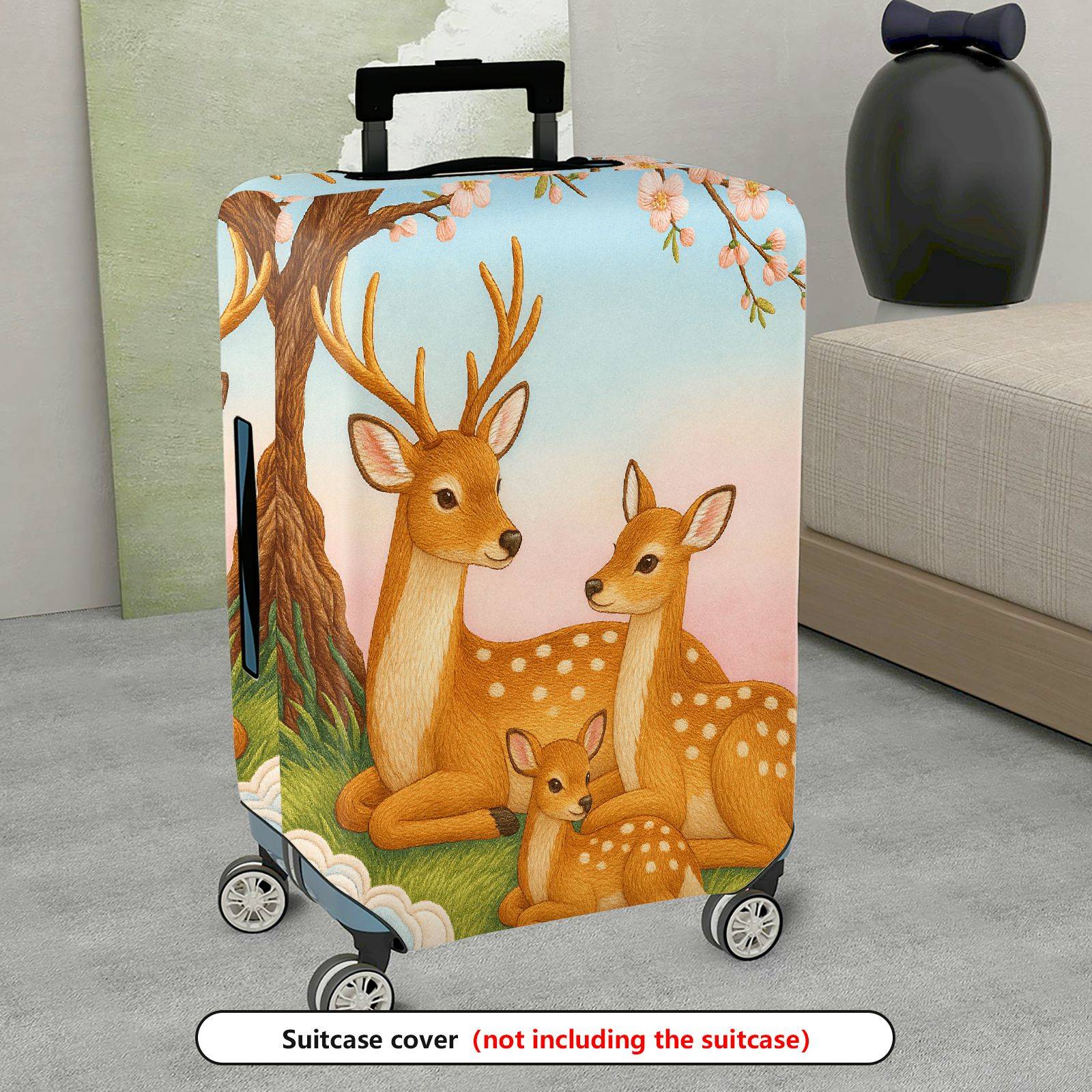 1-Piece Deer Tree Flowers Grass Family  Suitcase Luggage Cover, Stretch Protective Sleeve