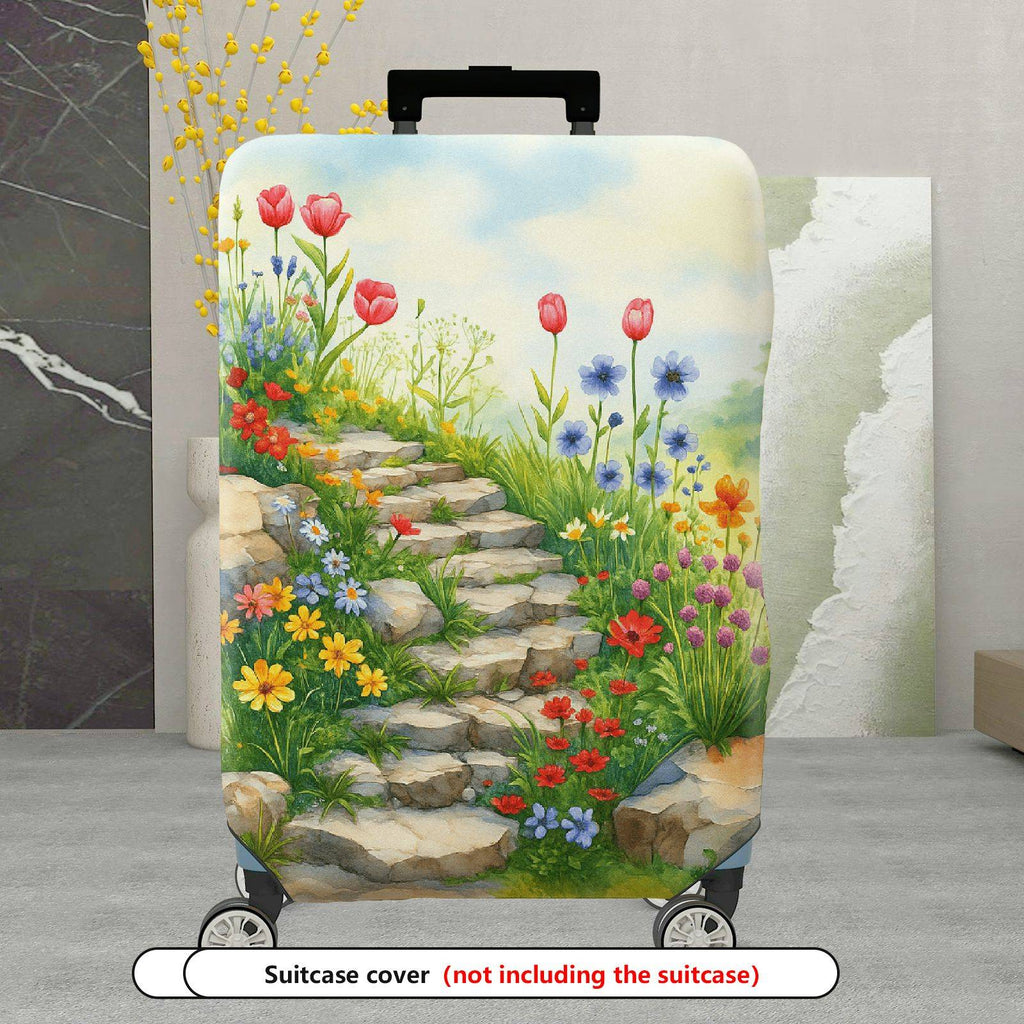 1-Piece Floral Garden Path Colorful Flowers Stone Staircase Scenic  Suitcase Luggage Cover, Stretch Protective Sleeve