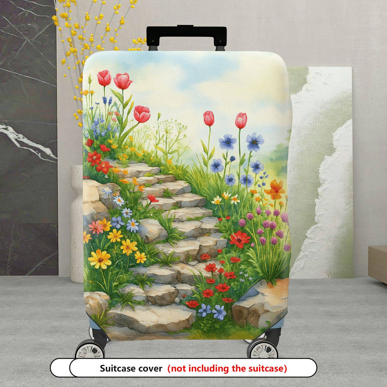 1-Piece Floral Garden Path Colorful Flowers Stone Staircase Scenic  Suitcase Luggage Cover, Stretch Protective Sleeve