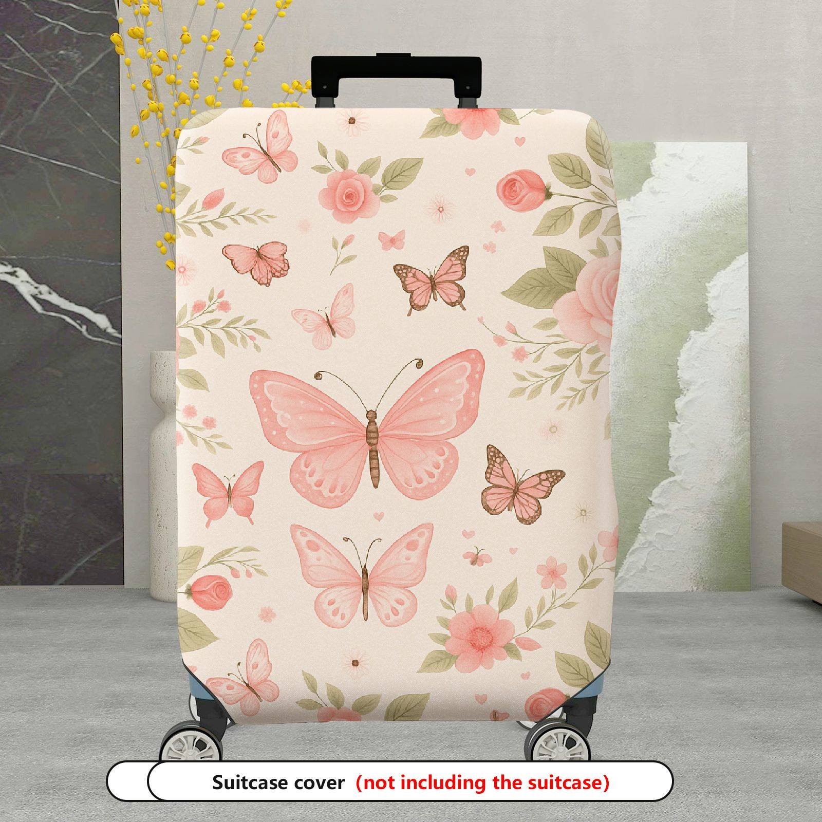 1-Piece Floral Butterfly Pink Rose Nature Art  Suitcase Luggage Cover, Stretch Protective Sleeve