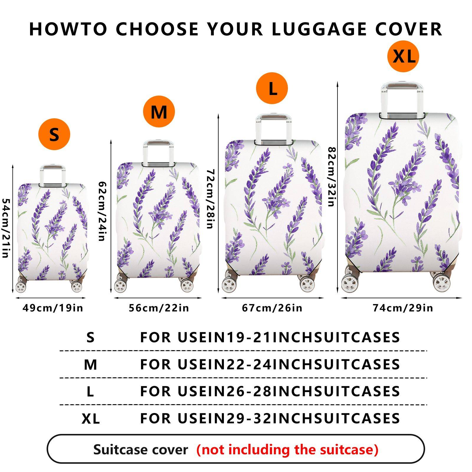 1-Piece White Lavender Floral Elegant Botanical Artistic  Suitcase Luggage Cover, Stretch Protective Sleeve