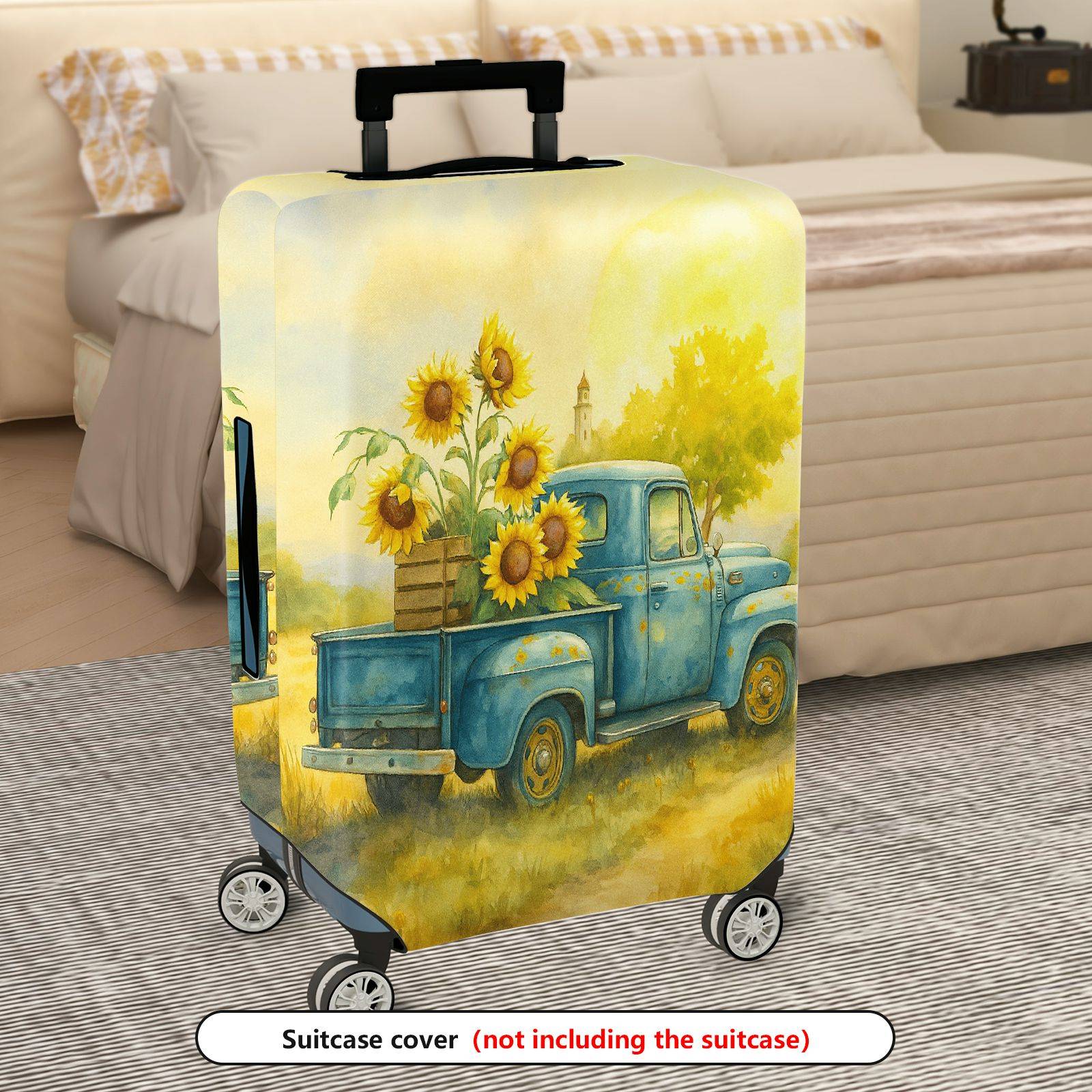 1-Piece Summer Sunflower Farm Vintage Truck Nature Art  Suitcase Luggage Cover, Stretch Protective Sleeve
