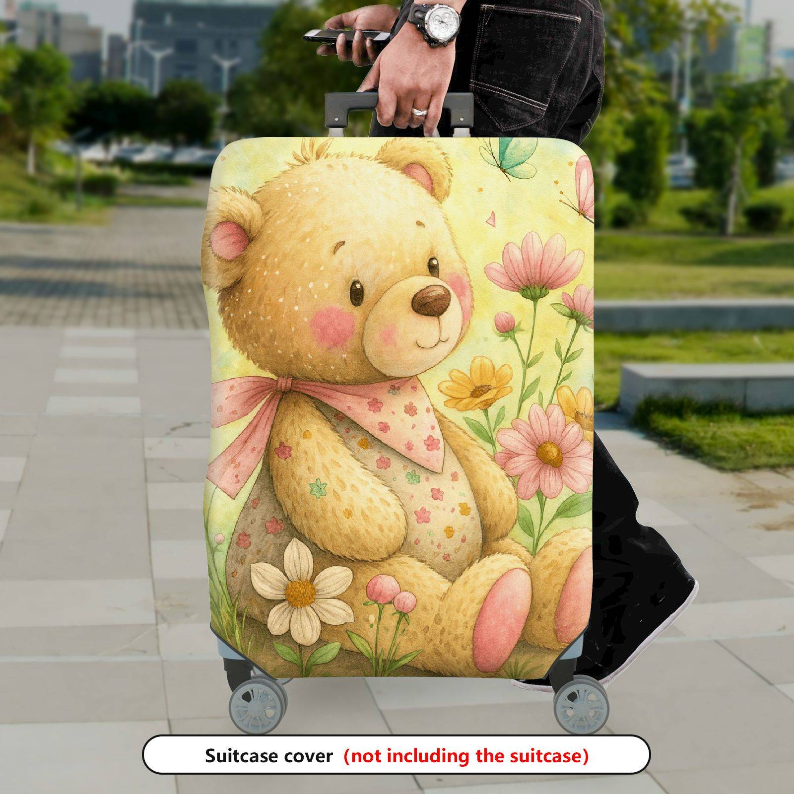 1-Piece Bear Flower Bow Nature Pastoral  Suitcase Luggage Cover, Stretch Protective Sleeve