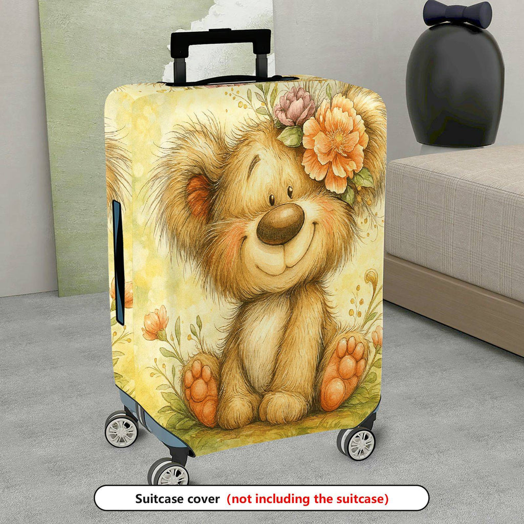 1-Piece Cute Bear Floral Animal Art Yellow Travel  Suitcase Luggage Cover, Stretch Protective Sleeve