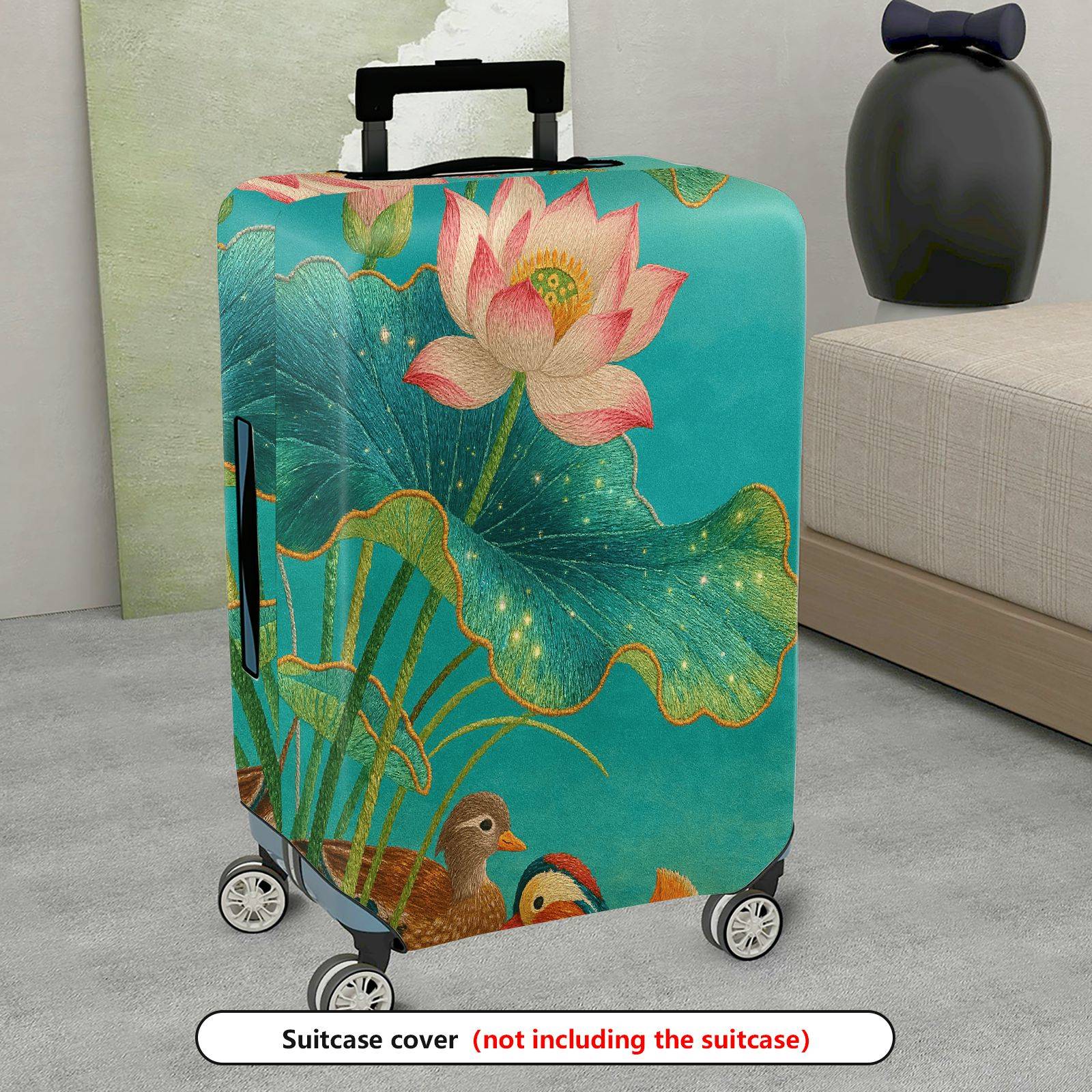 1-Piece Lotus Flower Pond Duck Illustration  Suitcase Luggage Cover, Stretch Protective Sleeve